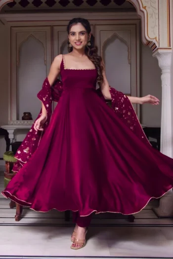 Regal Silk Anarkali Gown with Golden Sequin Embroidered Dupatta