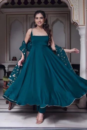 Regal Silk Anarkali Gown with Golden Sequin Embroidered Dupatta