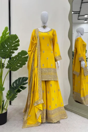 Chinon Silk Palazzo Suit with Thread and Sequin Embroidery
