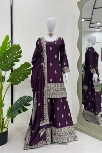 Chinon Silk Palazzo Suit with Thread and Sequin Embroidery