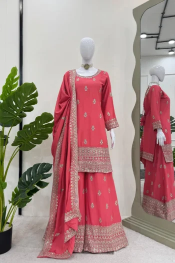 Chinon Silk Palazzo Suit with Thread and Sequin Embroidery