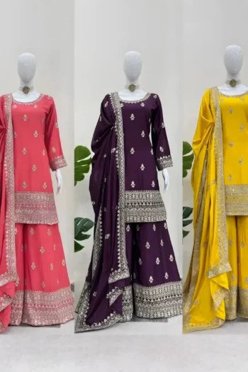 Chinon Silk Palazzo Suit with Thread and Sequin Embroidery