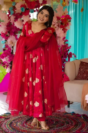 Golden Rose Embroidered Black Chinnon Silk Gown with Dupatta