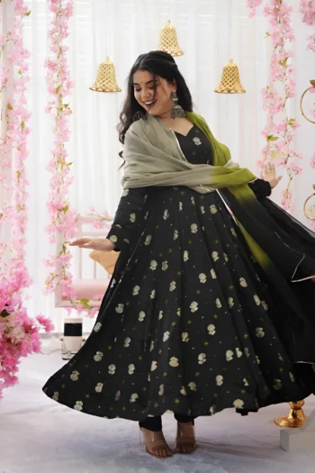 Golden Rose Embroidered Black Chinnon Silk Gown with Dupatta