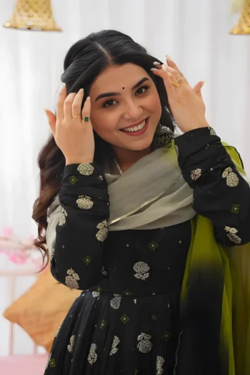 Golden Rose Embroidered Black Chinnon Silk Gown with Dupatta