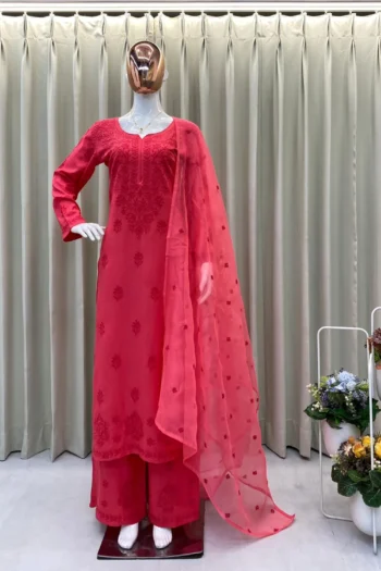 Designer Rayon Embroidered Kurta Plazzo Set with Dupatta