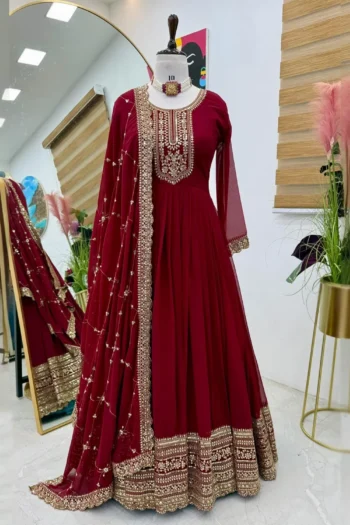 Celestial Charm: Embroidered Georgette Party Gown with Dupatta