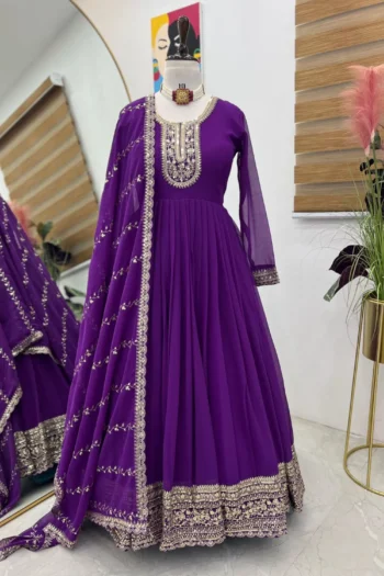 Celestial Charm: Embroidered Georgette Party Gown with Dupatta