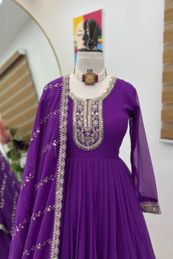 Celestial Charm: Embroidered Georgette Party Gown with Dupatta