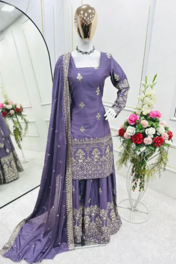 Pure Chinon Silk Sharara Set with Embroidery & Sequin Work