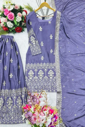 Pure Chinon Silk Sharara Set with Embroidery & Sequin Work