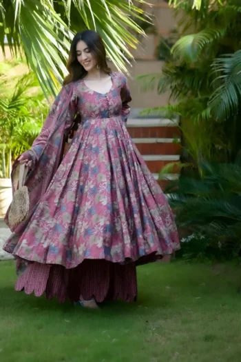 Mauve Muslin Floral Anarkali Set with Dupatta & Bottom