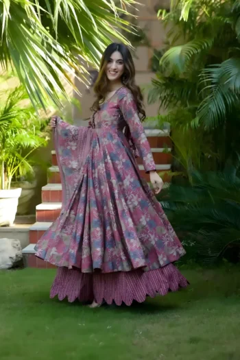 Mauve Muslin Floral Anarkali Set with Dupatta & Bottom