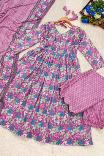 Mauve Muslin Floral Anarkali Set with Dupatta & Bottom