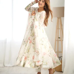 Premium Soft Organza Silk Anarkali Gown Set with Dupatta and Pant