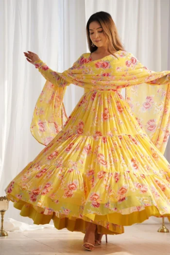 Heavy Floral Fox Georgette Anarkali Gown Set with Dupatta