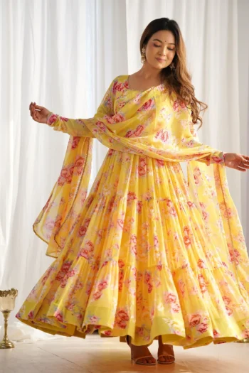 Heavy Floral Fox Georgette Anarkali Gown Set with Dupatta
