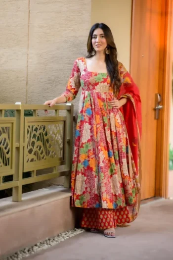 Soft Chex Cotton Printed Anarkali Gown with Plazzo & Dupatta