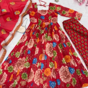 Soft Chex Cotton Printed Anarkali Gown with Plazzo & Dupatta