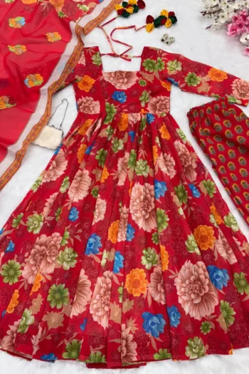 Soft Chex Cotton Printed Anarkali Gown with Plazzo & Dupatta