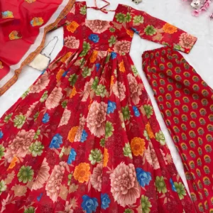 Soft Chex Cotton Printed Anarkali Gown with Plazzo & Dupatta