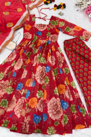Soft Chex Cotton Printed Anarkali Gown with Plazzo & Dupatta
