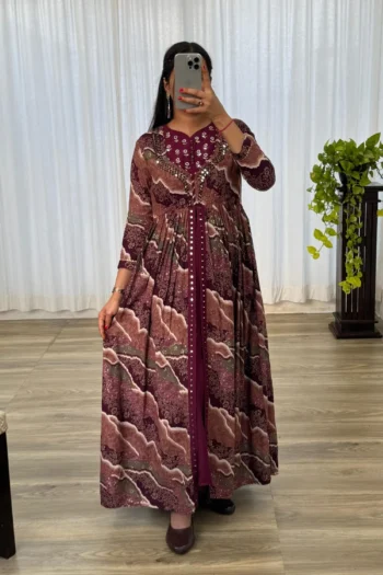 Royal Wine Hand Embroidered Rayon Gown – Party Wear Gown