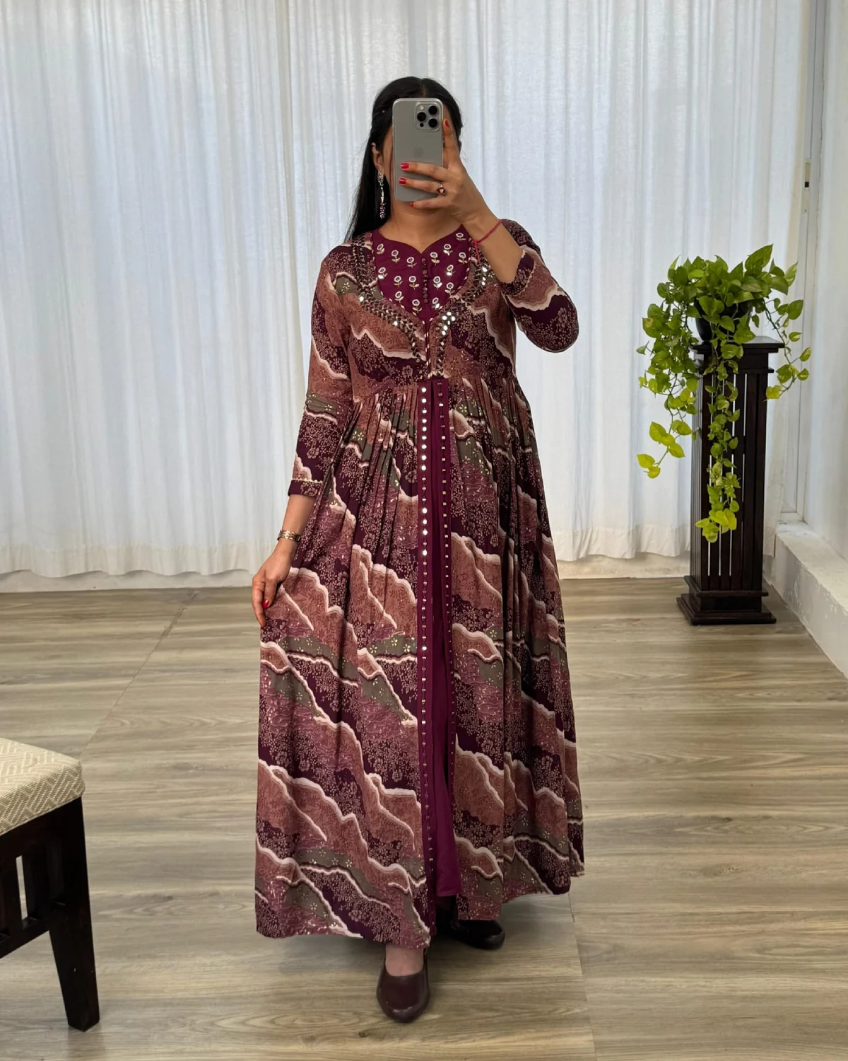 Royal Wine Hand Embroidered Rayon Gown – Party Wear Gown