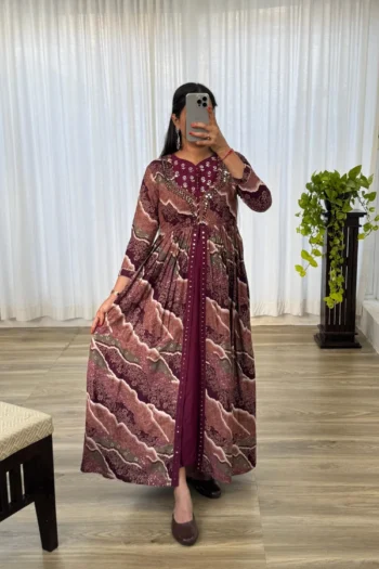 Royal Wine Hand Embroidered Rayon Gown – Party Wear Gown