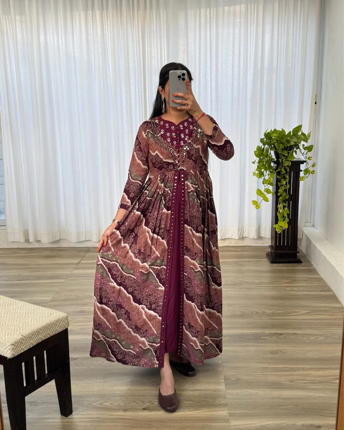 Royal Wine Hand Embroidered Rayon Gown – Party Wear Gown