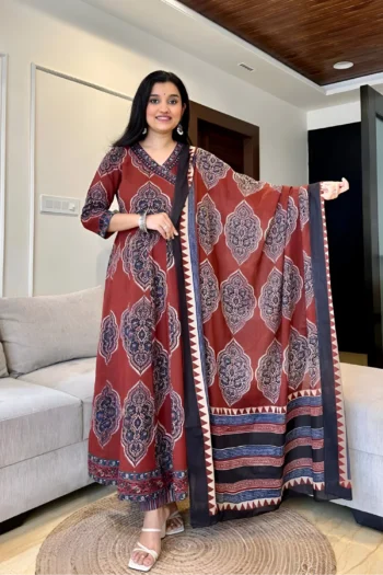Graceful Charm: Pure Cotton Angrakha Anarkali Kurti Set