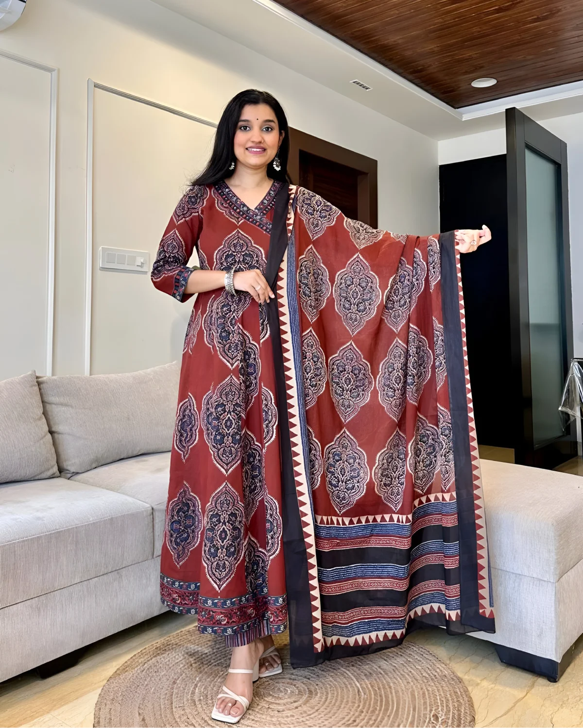 Graceful Charm: Pure Cotton Angrakha Anarkali Kurti Set