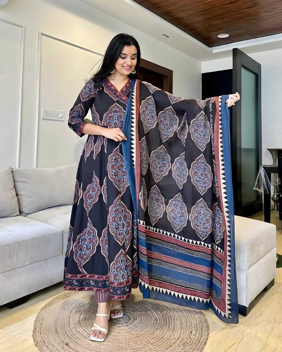 Graceful Charm: Pure Cotton Angrakha Anarkali Kurti Set