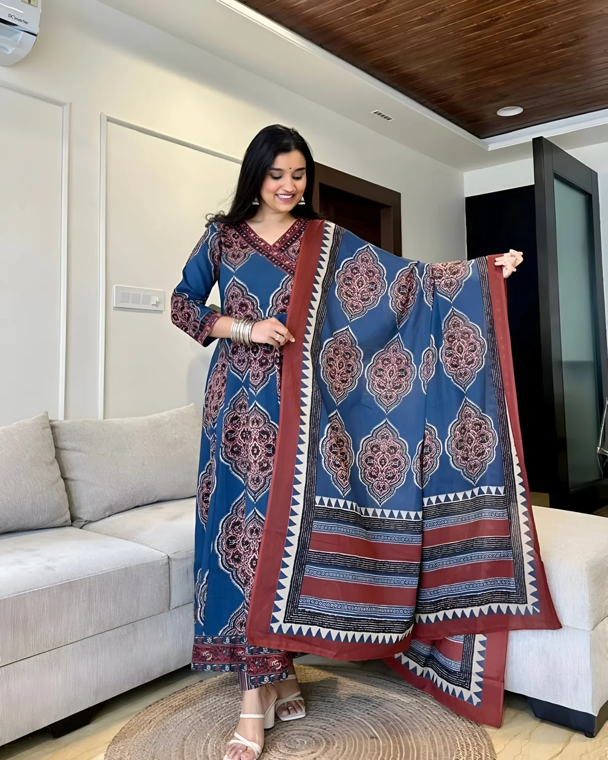 Graceful Charm: Pure Cotton Angrakha Anarkali Kurti Set