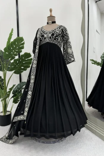 Premium Black Faux Georgette Gown with Sequin Thread Embroidery