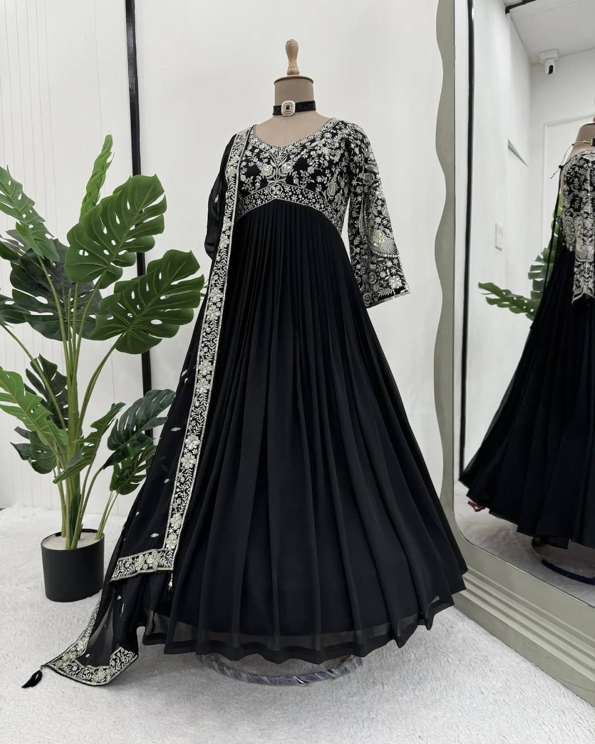 Premium Black Faux Georgette Gown with Sequin Thread Embroidery