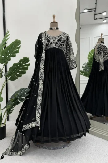 Premium Black Faux Georgette Gown with Sequin Thread Embroidery