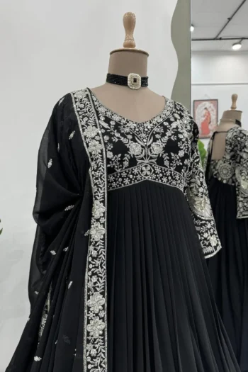 Premium Black Faux Georgette Gown with Sequin Thread Embroidery