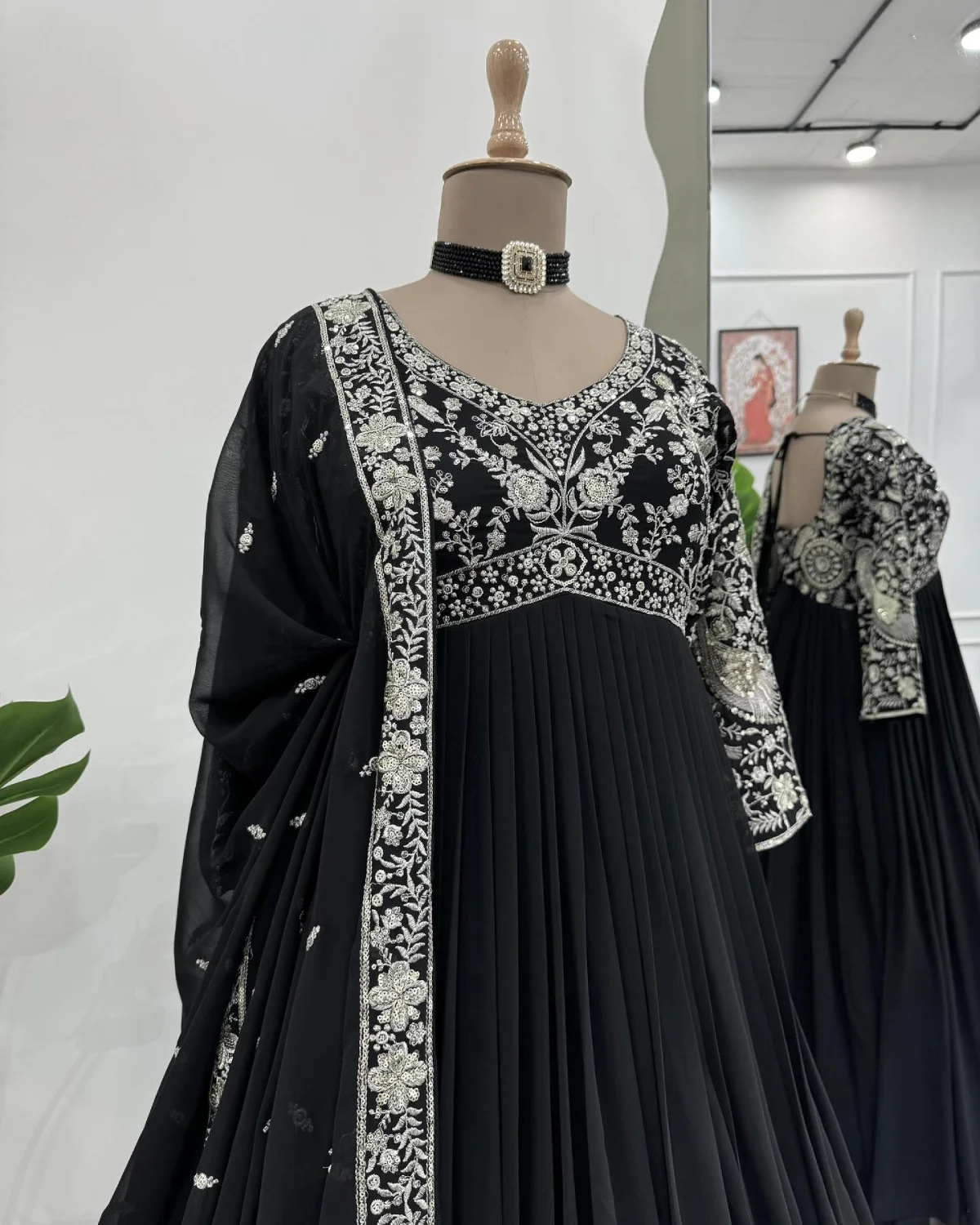 Premium Black Faux Georgette Gown with Sequin Thread Embroidery