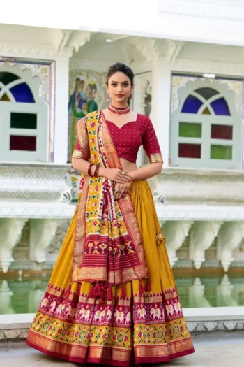 Preyasi Patola Print Tussar Silk Lehenga with Gota Dupatta