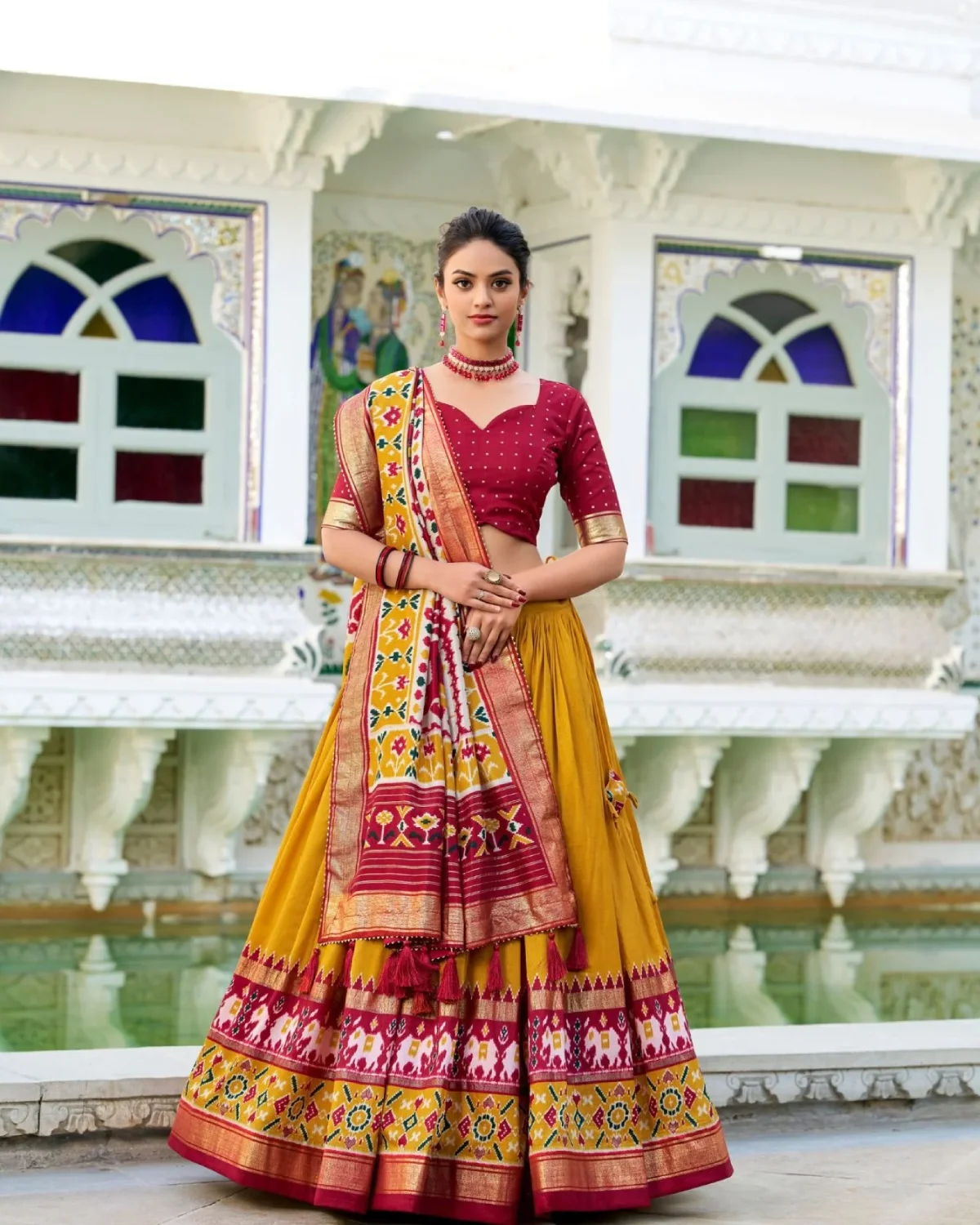 Preyasi Patola Print Tussar Silk Lehenga with Gota Dupatta
