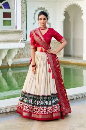 Preyasi Patola Print Tussar Silk Lehenga with Gota Dupatta