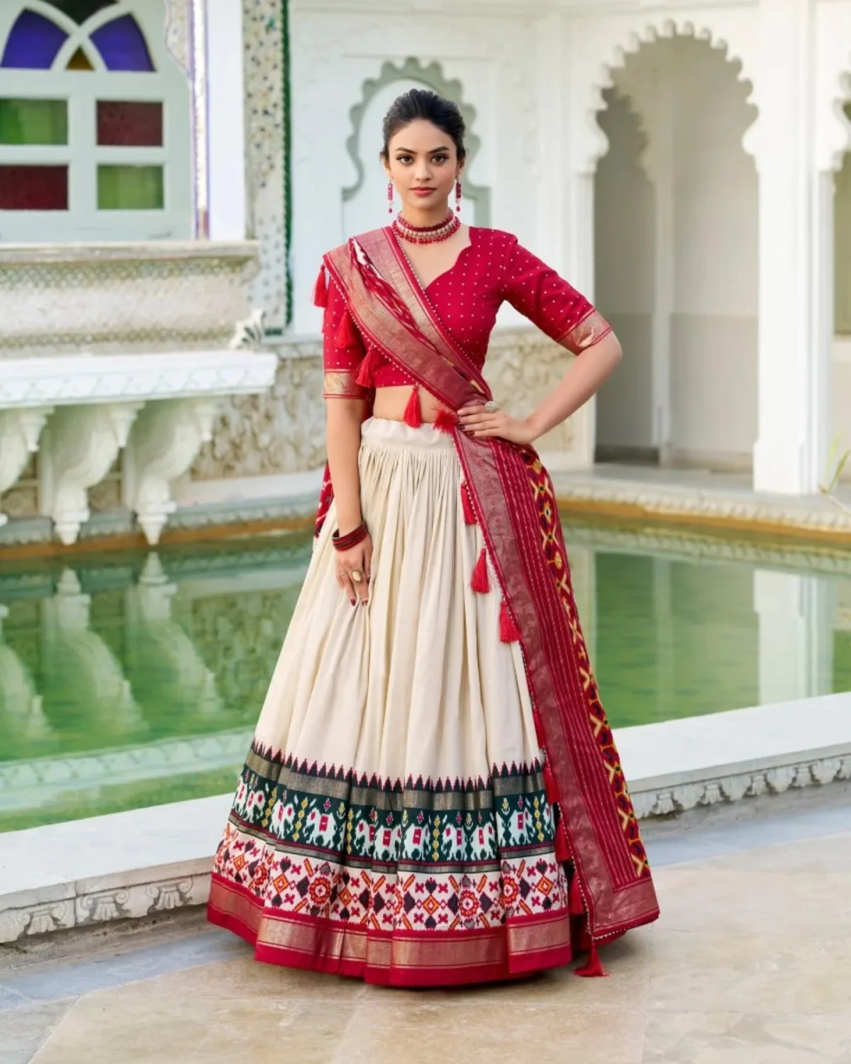 Preyasi Patola Print Tussar Silk Lehenga with Gota Dupatta
