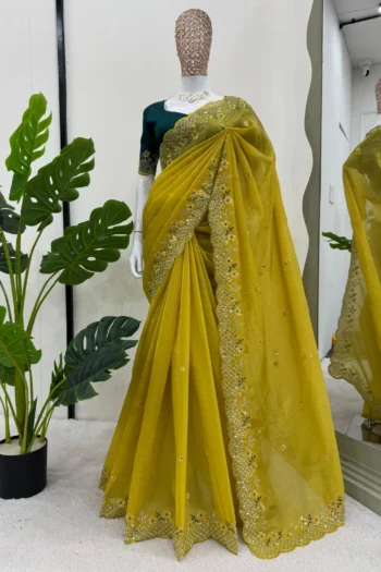 Olive Grace: Designer Silk Saree with Sequin and Thread Work