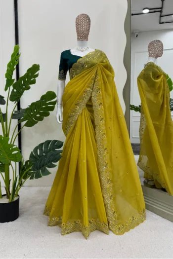 Olive Grace: Designer Silk Saree with Sequin and Thread Work