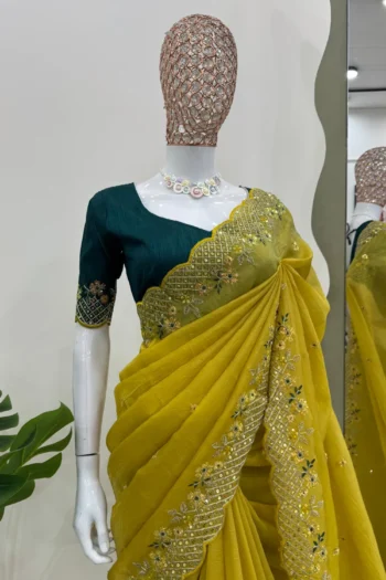 Olive Grace: Designer Silk Saree with Sequin and Thread Work