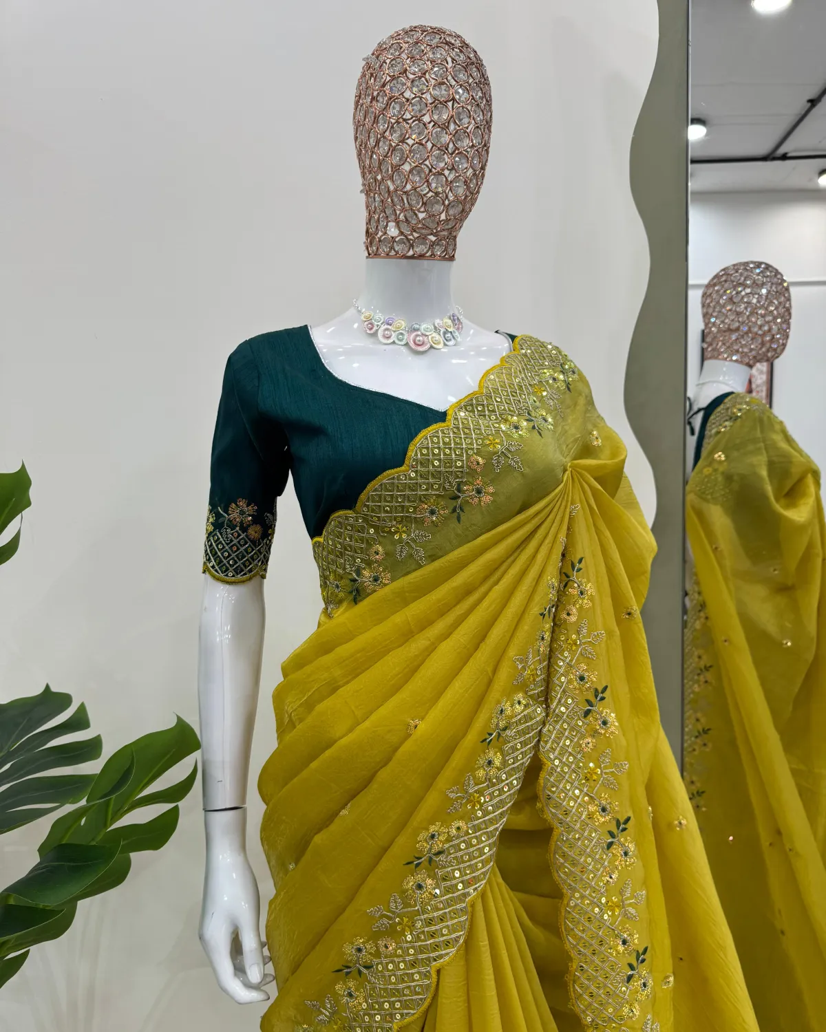 Olive Grace: Designer Silk Saree with Sequin and Thread Work