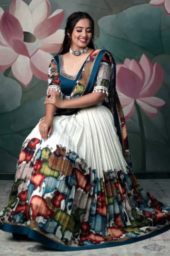 Kalamkari Chinon Lehenga Choli with Maggam Handwork