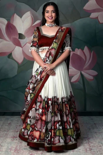Kalamkari Chinon Lehenga Choli with Maggam Handwork