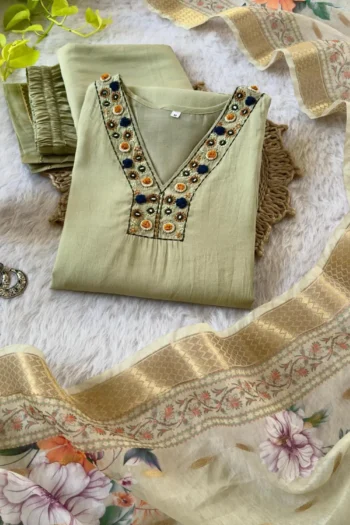 Elegant Roman Silk Kurti Set with Handwork & Chanderi Dupatta